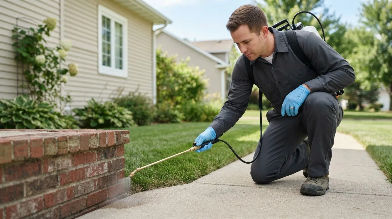 Pest control technician treating a home near Olpe, KS