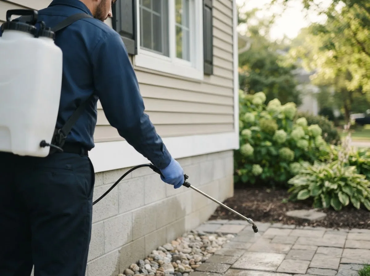 Pest control technician inspecting a home in Olpe, KS